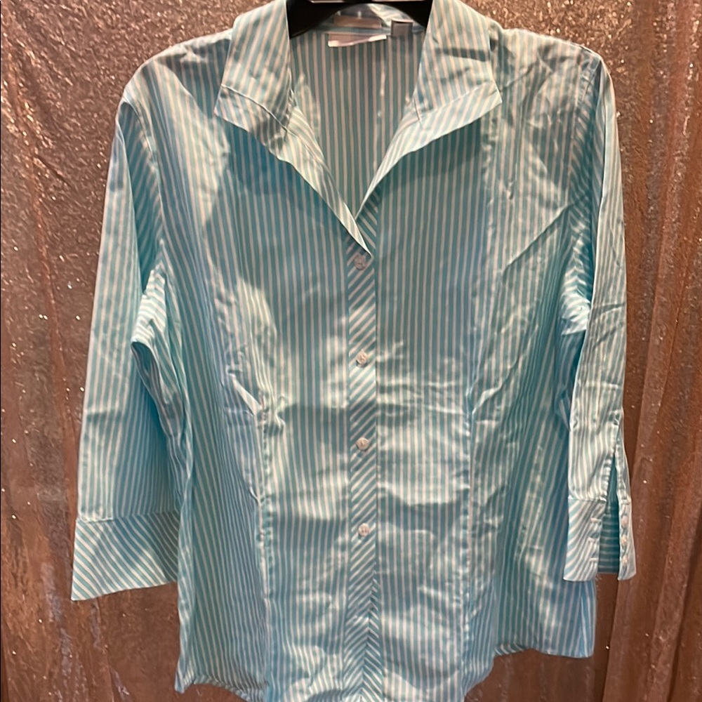 Chico’s Striped Light Blue Button-Up Shirt NWOT